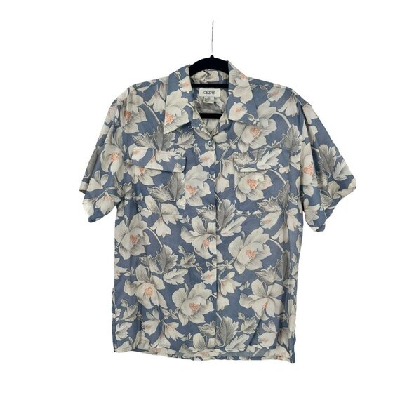 Cesar 100% Silk Button‎ Down Shirt Woman's Size Small With Floral Pattern FLAW - Picture 1 of 15
